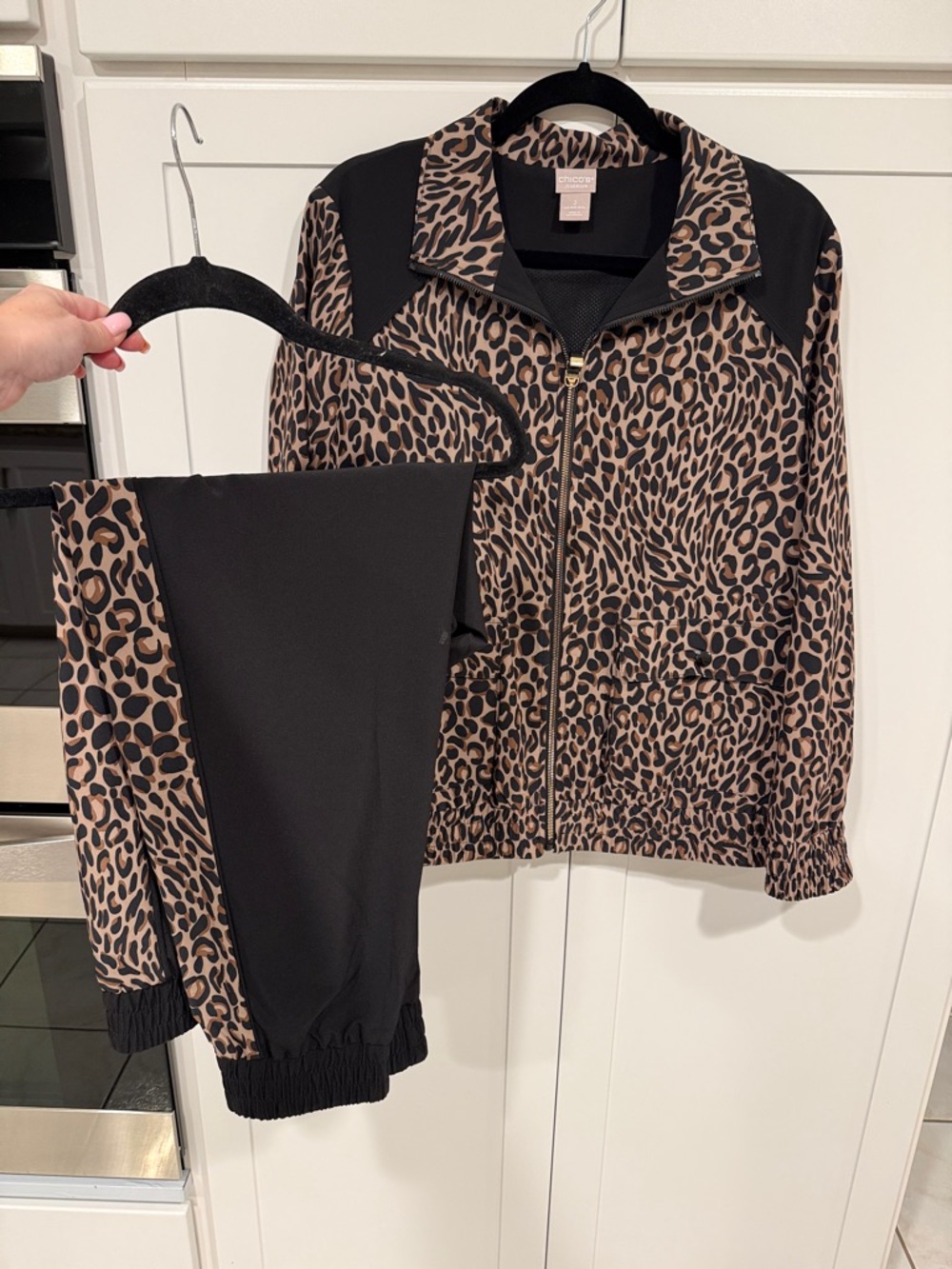 Chico's Black and Brown Leopard Print Zip Jacket with Black Pants